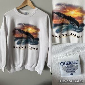 Vintage Oceanic White Graphic Crewneck Sweater New Brunswick St Johns Whale Lg